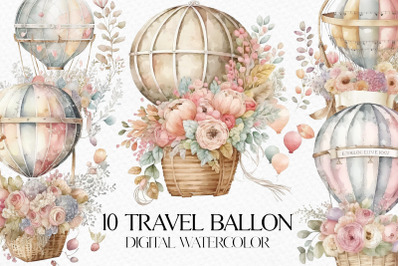 Watercolor travel balloon with flowers, travel balloon postcard Digita
