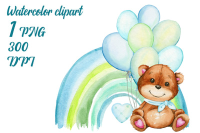 Teddy Bear Blue Balloons Rainbow PNG Watercolor Teddy Bear Clipart, Be