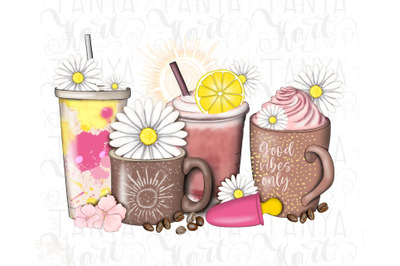 Summer Coffee Png Cups With Daisies