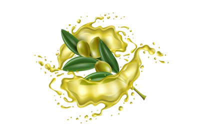 Realistic olive oil splash. Isolated 3d mediterranean raw product bran