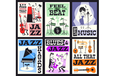 Jazz music festival cards. Funny artists with different instruments, i