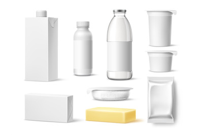 Realistic milk products. Dairy food and drinks. Different blank white