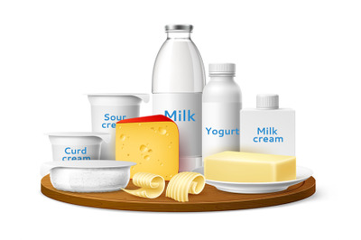 Realistic dairy healthy products background. Milk food and drinks comp