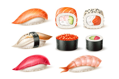 Realistic sushi. Japanese traditional food with fresh fish, vegetables