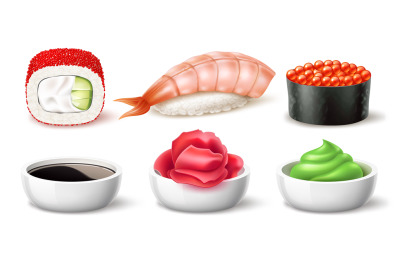 Realistic sushi rolls. Caviar and shrimp rolls, japanese salmon snacks