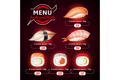 Realistic sushi menu. Japan food poster, yummy seafood with boiled ric