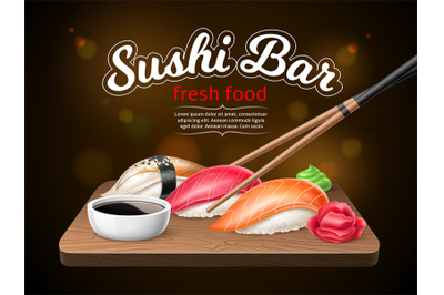 Sushi bar poster. Realistic sushi, japanese traditional food, boiled r