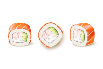 Realistic sushi roll. Classic japanese roll in different angles, fresh