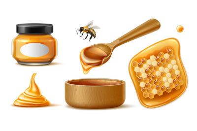 Realistic honey. Sweet healthy product, natural bio food, honeycomb, b