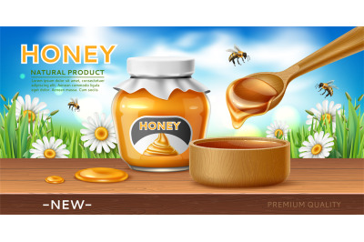 Realistic honey poster. Natural bee product, sweet floral syrup packed