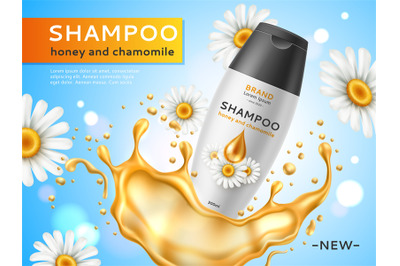 Realistic honey cosmetic poster. Natural chamomile shampoo bottle&2C; pla