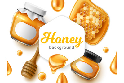 Realistic honey frame illustration. Sweet natural bee product, glass j