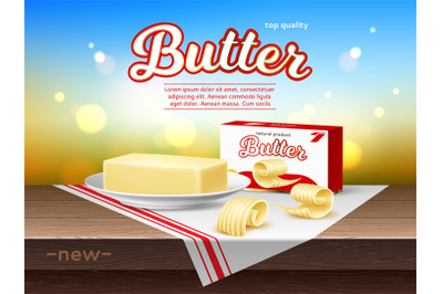 Realistic creamy butter poster. Milk product, animal fat, high calorie