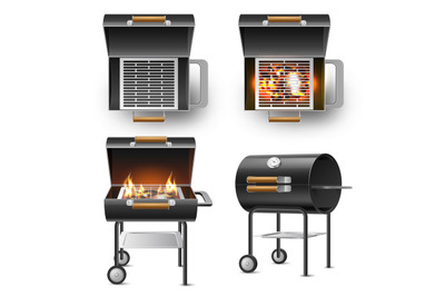 Realistic barbecue grill. Modern cylindrical outdoor grill in differen