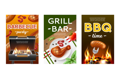 Bbq grill cards. Roast outdoor cooking posters, fried meat with ketchu