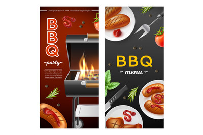 Realistic bbq grill vertical banners. Fried sausages and meat, tomato