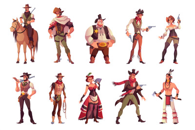 Cartoon cowboys. Funny cowboy and cowgirl, indian and saloon girl char