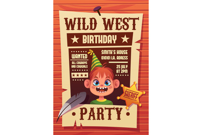 Birthday cowboy poster. Boy portrait on holiday party banner&2C; vintage