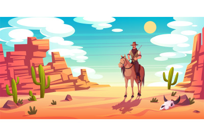 Western background. Cartoon texas cowboy character, horseman at desert