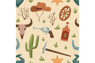 Western seamless pattern. Wild west vintage elements, cowboy repeated