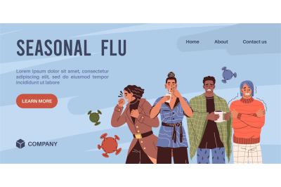 Seasonal flu poster. Stop virus banner&2C; sick people with cold symptoms