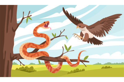 Cartoon snake nature. Eagle attacks snake on tree branch&2C; natural habi