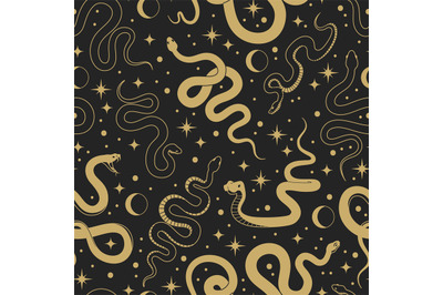 Snakes seamless pattern. Golden mystic serpents, decorative repeated d