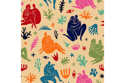 Matisse style plants and human bodies seamless pattern. Colored lovers