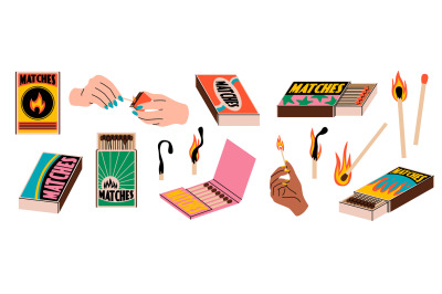 Cartoon flaming matches. Human hands light matchsticks, strike spark a