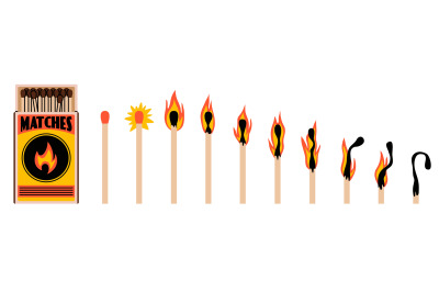 Burning matchstick animation. Combustion process, moving down flames,