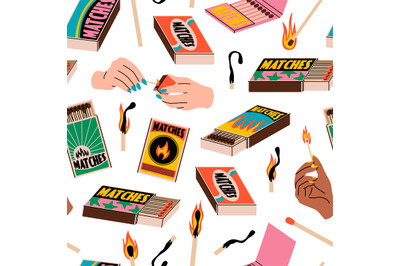 Flaming matches seamless pattern. Hands strike spark about boxes, diff