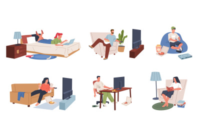 Sedentary lifestyle people. Lazy man and woman, sitting in armchairs,