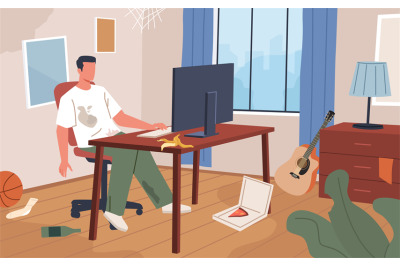 Lazy man at home. Guy leading sedentary lifestyle, homebody sitting at