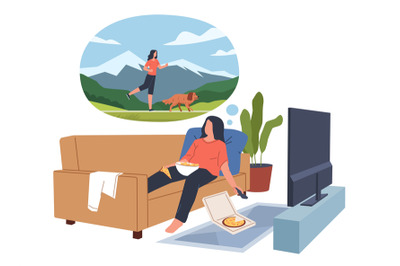 Lazy woman dreams. Female overweight character lying on sofa, eating p