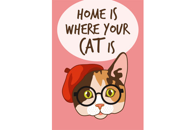 Cute cat card. Hipster kitty in hat and glasses&2C; smart domestic animal