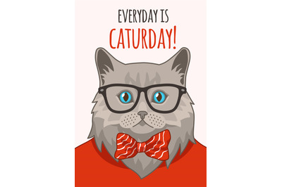 Cat poster. Cute smart pet in glasses, animal stylish portrait and let