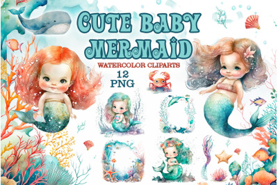 Watercolor cute baby mermaid illustration