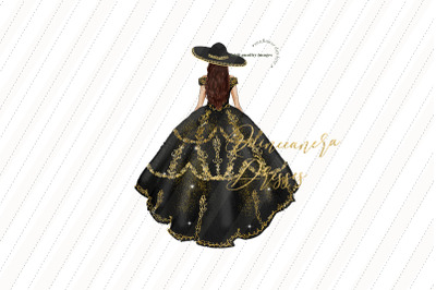 Elegant Black Princess Dress Clipart, Black &amp; Gold Quinceanera
