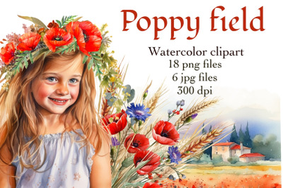 Poppy set, watercolor clipart