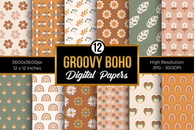 Groovy Boho Retro Flowers Seamless Pattern Digital Papers