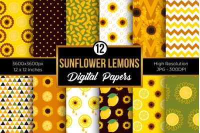 Lemon &amp; Sunflowers Digital Paper Seamless Patterns