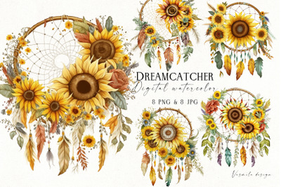 Dreamcatcher and sunflowers watercolor PNG