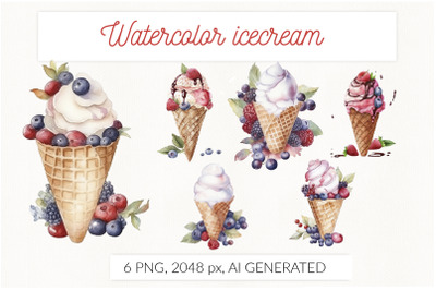 Summer Watercolor Ice Cream Waffle Cone PNG