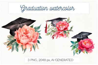 Watercolor graduation cap with peony flowers. Class 2023
