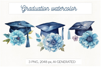Watercolor graduation cap with blue flowers. Class 2023
