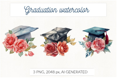 Watercolor graduation cap with roses flowers. Class 2023