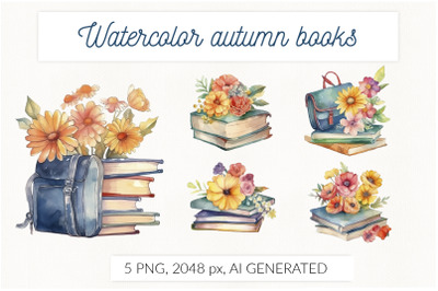 Watercolor autumn books with flowers. Back to school