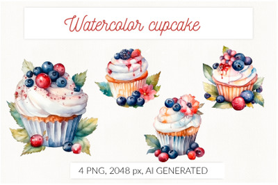 Watercolor cupcake with berries. AI generative isolated illustration.