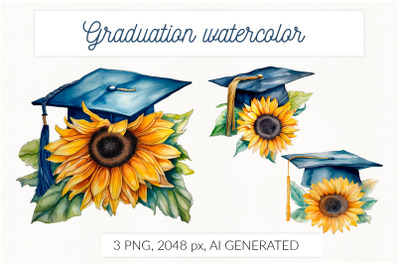 Watercolor graduation cap with sunflower sublimation. Class