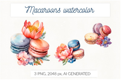 Macaroons with flowers watercolor AI generative. Dessert png
